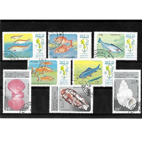 Laos-Poissons Et Mollusques-Lot De 8 Timbres Oblitérés-Très Bon Etat