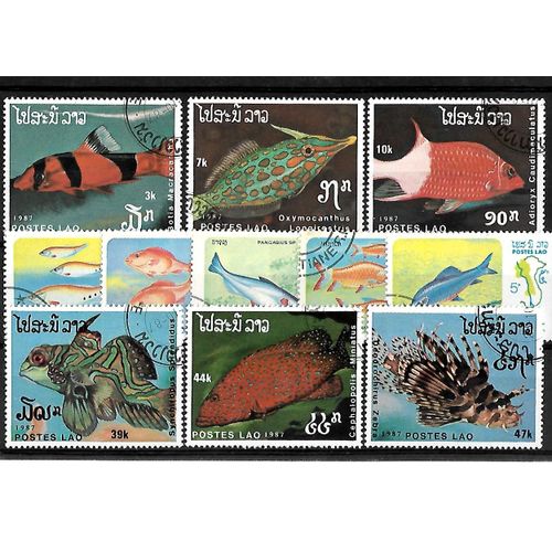 Laos-Poissons-Lot De 11 Timbres Oblitérés-Très Bon Etat