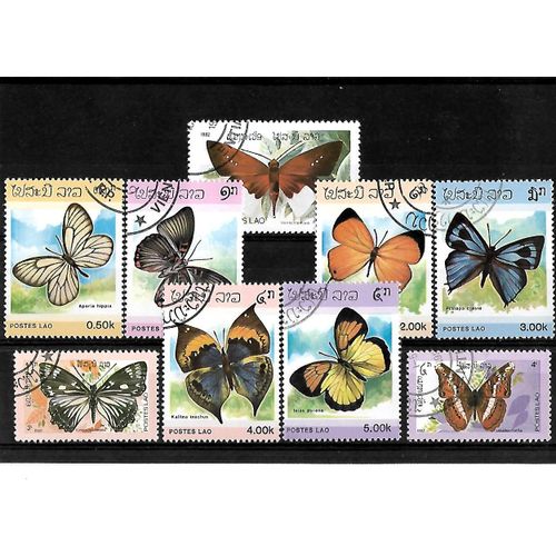 Laos-Papillons-Lot De 9 Timbres Oblitérés-Très Bon Etat
