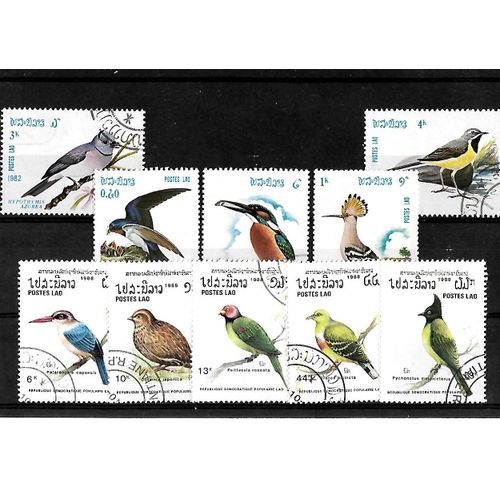 Laos-Oiseaux-Lot De 10 Timbres Oblitérés-Très Bon Etat