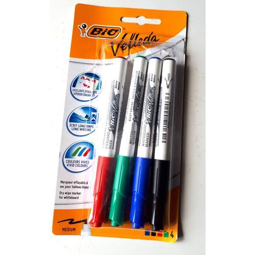 Lot De 4 Bic Velleda Marqueurs Effaçables Pour Tableau Blanc Pointe Medium - 1 Rouge + 1 Vert + 1 Bleu + 1 Noir