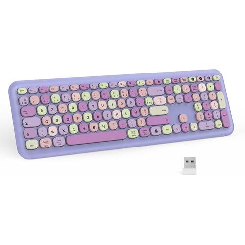 Clavier AZERTY sans Fil, Multi-dispositifs (Bluetooth 2.0+4.0+USB), Rechargeable, Compatible Windows, Mac OS, Violet, Clavier pour PC, Ordinateur Portable, Tablette, Android TV- Violet