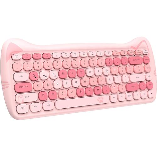 Clavier sans Fil Rétro, Cute Chat Clavier Bluetooth Silencieux, Typewriter Rétro Round Keycap, Compact 84 Clés, QWERTY, Connexion Multi-Dispositifs pour PC Laptop Mac-Coloré Rose