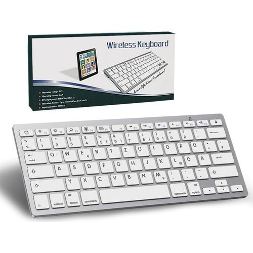 Clavier Bluetooth sans fil - QWERTZ allemand - Mini clavier sans fil compact ultra fin pour iPad, Mac, ordinateur portable, tablette, surface, téléphone, ordinateur, Windows/Android/iOS, argenté