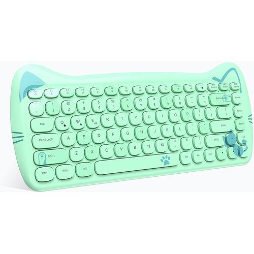 Clavier sans Fil Rétro, Cute Chat Clavier Bluetooth Silencieux, Typewriter Rétro Round Keycap, Compact 84 Clés, QWERTY, Connexion Multi-Dispositifs pour PC Laptop Mac-Vert