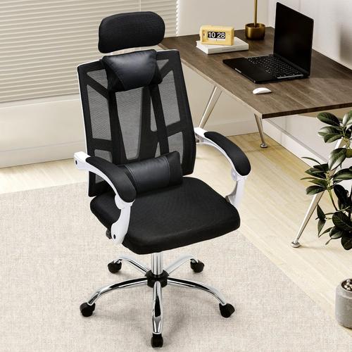 Chaise De Bureau Ergonomique Avec Roulettes - Appuie-Tête Réglable - Accoudoirs - Support Lombaire - Charge Maximale : 150 Kg - Chaise De Bureau Pour Bureau - Blanc