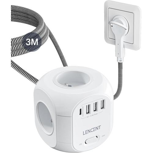 Cube multiprise 3M avec 4 Prises AC,3 USB et 1 Type C,Fiche Plate,Protection Contre Les surtensions pour rallonge électrique avec Interrupteur pour Cuisine,Bureau,Tressé Câble