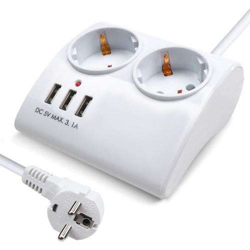 Multiprise avec 2 Prises et 3 Ports USB,avec Protection de l'enfance,1,5 m,pour Maison et Bureau,Max 3680 W,16 A,Blanc