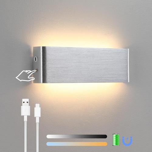 8W Dimmable Applique Murale Intérieur 30cm Sans Fil Applique Mur 3 Température colorée Lampe Murale Rechargeable USB avec Interrupteur pour Salon Chambre à coucher Couloir - Argent Chaud