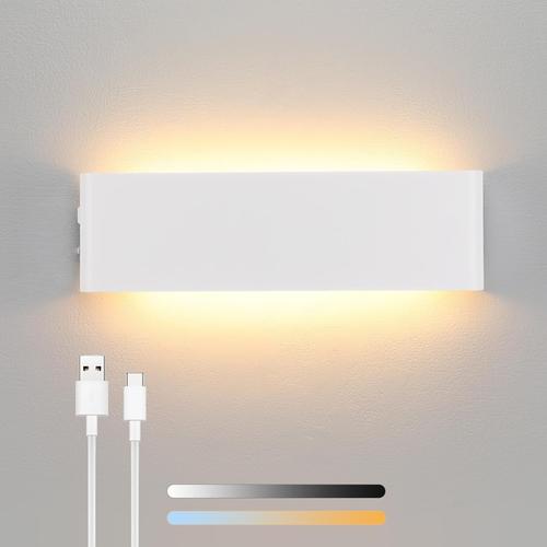 8W Dimmable Applique Murale Intérieur 30cm Sans Fil Applique Mur 3 Température colorée Lampe Murale Rechargeable USB avec Interrupteur pour Salon Chambre à coucher Couloir - Blanc Chaud