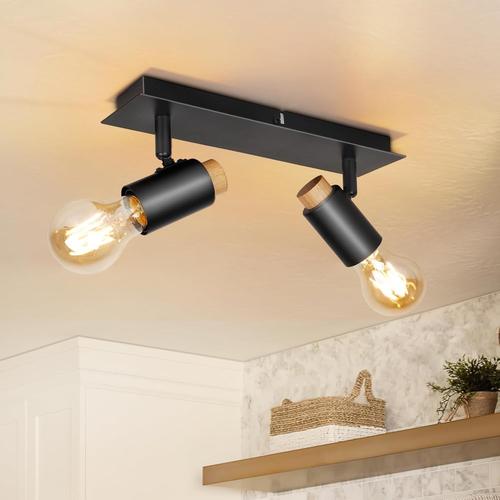 Plafonnier Led 2 Spot Orientables - Spot De Plafond Noir E27 Plafonnier Industriel Bois - Luminaire Cuisine Rampe De Spots - Applique Murale Interieur Luminaires Salon Sans Ampoule