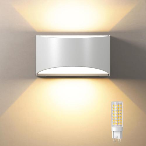 Applique Murale Interieur/Exterieur, 3000k Blanc Chaud Ampoules Led G9 Remplaçable, Appliques Murale Exterieur Ip65, Blanc Style Moderne Pour Salle De Bain, Salon, Chambre, Couloir