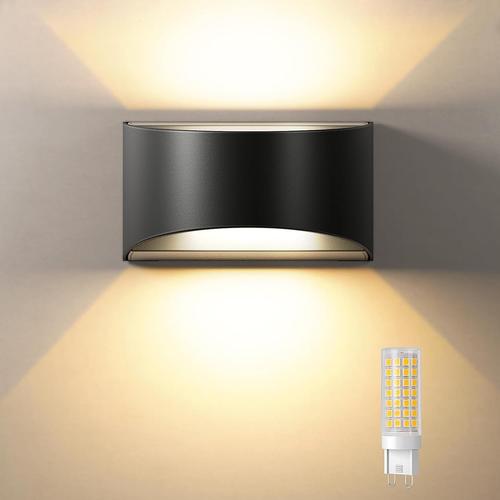 Applique Murale Interieur/Exterieur, 3000k Blanc Chaud Ampoules Led G9 Remplaçable, Appliques Murale Exterieur Ip65, Noir Style Moderne Pour Salle De Bain, Salon, Chambre, Couloir