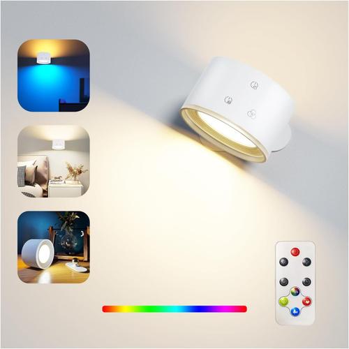 Applique Murale Interieur, Lampe Murale Avec Télécommande, Éclairage D'ambiance Rgb À Gradation Avec Batterie Rechargeable, Fonction Minuterie D'une Heure Angle De Rotation De 360(Blanc)