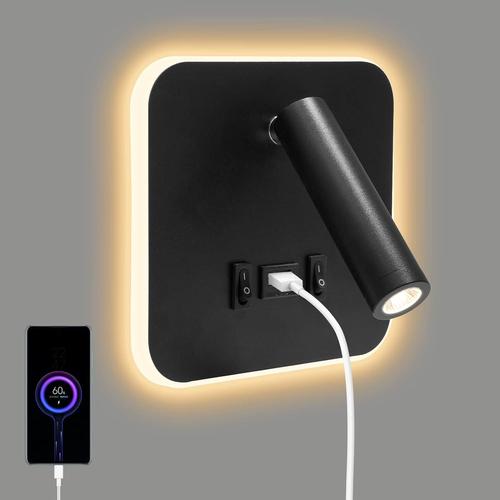 Lampe De Lecture De Chevet 3w + 9w 3000k, Applique Applique Murale Led Avec Avec Port De Charge Usb Et Interrupteur, Lampe De Lit Spot Réglable Pour Chambre Escaliers Salons Hôtel(Carré 1 Noir)