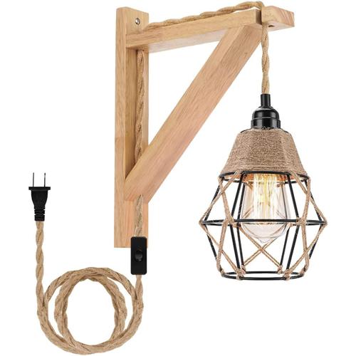 Applique Murale Intérieure, Lampe Murale Vintage En Corde De Chanvre Avec Interrupteur, Lampe Murale Boho, Abat-Jour En Cage En Métal Noir E27 Pour Couloir Loft Chambre Café Bar(Sans Ampoule)