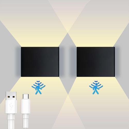 Lampe murale LED d'intérieur à batterie - Applique murale USB avec détecteur de mouvement - Éclairage mural magnétique sans fil avec interrupteur - 4000 mAh - Aluminium - Noir