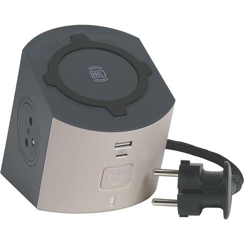 Bloc Multiprise/Station de Charge - 2 Prises Surface avec Terre + 1 Chargeur à Induction Qi+ 1 Prise USB-C + 1 Prise USB-A - Avec Cordon 2m - Taupe et Gris Foncé