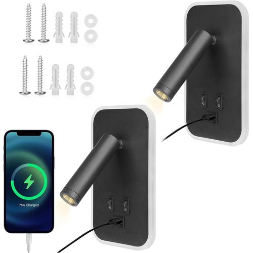 Liseuse De Chevet, 2pcs Applique Murale Led Avec Interrupteur Et Port De Charge Usb, 3w+9w 3000k Fixation Murale Spot Rotatif, Lumières Mural Lit Noir Lampe Murale Couloir Hotel