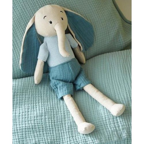 Doudou Elephant Cyrillus Coton Lin Bleu Beige Jouet Naissance