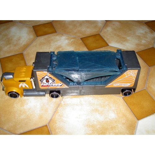 Hot Wheels - Véhicule Miniature Rigs - Camion Transporteur D Araignée (Spider Transport) - Orange, Bleu Et Gris