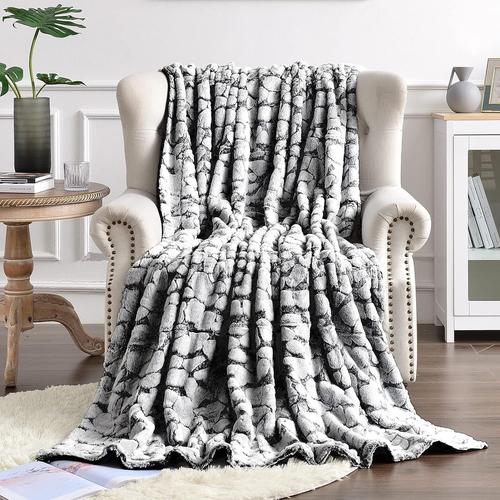 Plaid En Fausse Fourrure De Lapin Très Doux En Peluche Épaisse Luxueuse En Fausse Fourrure Chaude Avec Motif Pierre Pour Canapé De Lit, 130 X 150 Cm (50""X60""), Noir