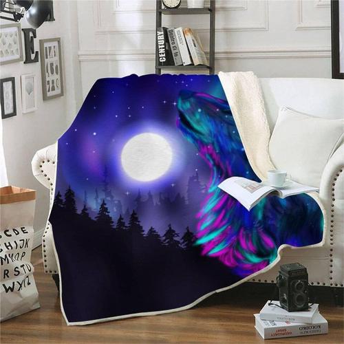 Loup Couverture Enfants 130x150 Cm 1 Personne Douce Et Chaude Couverture Polaire En Microfibre Sherpa Couverture De Lit Confortable 3d Lune Ciel Étoilé Loup Plaid Couverture Blanket