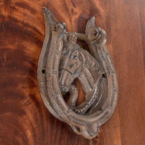 Heurtoir de porte marron en fonte style équestre - modèle cheval et fer à cheval