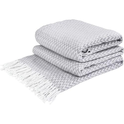 Plaid Coton - Couverture Pour Canape Lit Fauteuil, Couvertures 1 Et 2 Personnes, Jete Grande Taille, Couvre Doux D`Été Exterieur Et Intérieur (140 X 200 Cm - Gris Clair Avec Blanc Chevron)