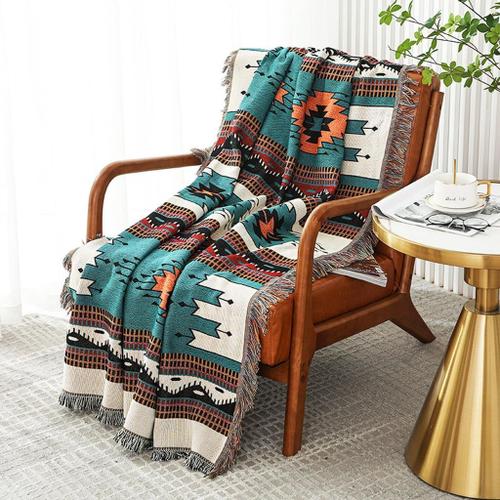 Couverture De Canapé Boho Avec Pompon,Couvre-Lit De Couverture De Canapé Réversible De Style Ethnique Aztèque,Pour La Maison, Le Bureau, Les Voyages, Le Camping (Forêt Verte, 130x180 Cm)