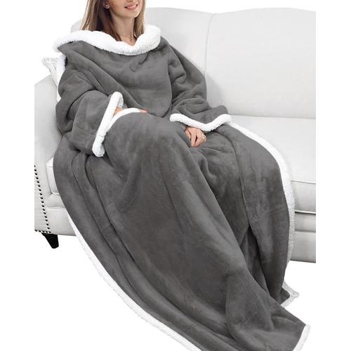 Thicken Wearable Blanket With Sleeves Adult, Fleece Oversized Snuggle Blanket With Sleeves For Men & Women, Warm Comfy Snuggle Blankets Gift For Her, Birthday Gift For Women 180 X 140 Cm, Grey
