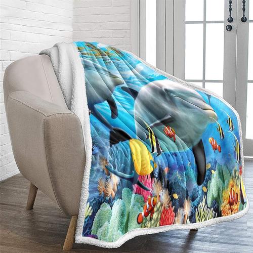 Couverture Océan Pour Enfants, Garçons Et Filles, Couvertures D'animaux Marins, Dauphins, Jeté De Lit Moelleux, Doux Et Confortable En Peluche Sherpa Pour Canapé, Lit, Sofa, 150 X 200 Cm