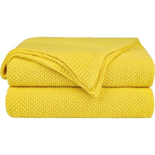 Couverture Plaid Lit Pour Canapé En Tricot 100% Coton Légère Solide Douce Jaune 180x200cm