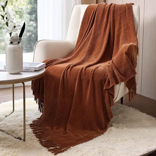 Plaid Décoratif En Chenille, Doux, Chaud, Confortable Pour Maison, Canapé, Chaise, Lit - Pour Printemps - 127 X 152 Cm, Caramel/Marron/Orange Brûlé