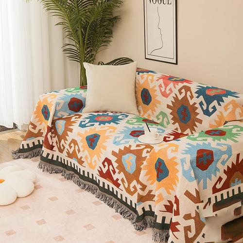 Couverture De Canapé Boho Avec Pompon,Couvre-Lit Tissé De Style Ethnique Aztèque,Pour La Maison, Le Bureau, Les Voyages, Le Camping (Couverture Réversible, 90 X 90cm)