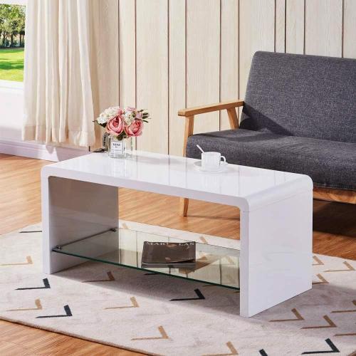 Table Basse 2 Étages Rectangulaire Haute Brillance Moderne Table De Canapé Avec Rangement Blanc Pour Salon Bureau 100x45x45cm