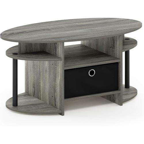 Jaya Simple Design Oval Coffee Table With Bin, French Oak Black, Bois D'ingénierie, Chêne Français/Noir/Noir, Lot De 1