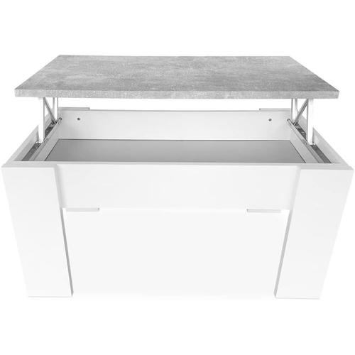 Basse Pour Café/Thé, Relevable, Table De Salon Ou Salle À Manger, Dimensions : 90 Cm (Largeur X Profondeur) X 50 X 46 (Hauteur), Bois Mélamine, Ciment Blanc, 90 X 50 X 46/57 Cm