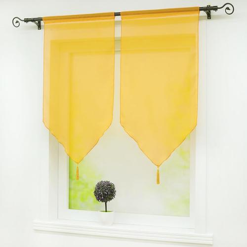 Lot De 2 Voilages Unie Avec Frange À Pompon Avec Cordon De Serrage Transparent Décoration De Fenêtre Et Porte Jaune Lxh 45x90cm