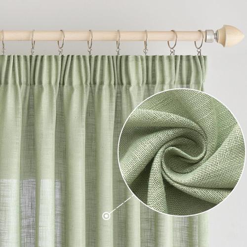 Rideaux Rideau De Lin Avec Fronceur Voile Rideau Aspect Lin Moderne Semi-Transparent Pour Salon Echarpe Décorative Rideaux De Cuisine Echarpe À Passants Chambre D'enfants Vert 140 X 225 Cm