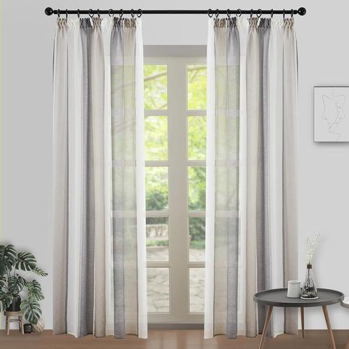 Voilage Blanc Rideau Salon En Effet Lin Rayure Teints Imprimes Design Moderne Uni Pour Grande Porte Fenêtre Sur La Terrasse, 140x260cm, Gris Bicolore + Blanc, 2 Pcs