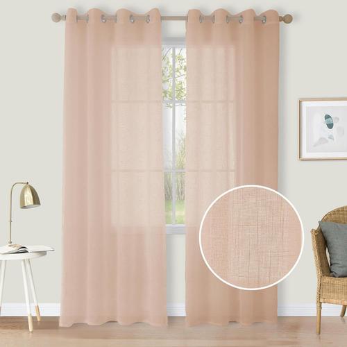 Lot De 2 Rideaux En Voile Aspect Lin Avec ?illets Semi-Transparent Pour Chambre À Coucher, Salon - 260 X 140 Cm (H X L) - Rose Bébé