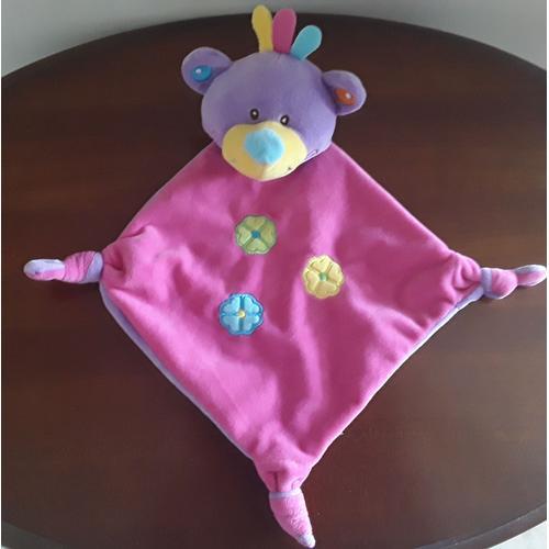 Doudou Souris Grelot - Fushia / Violet Fleurs Brodées- Marque Eddy Toy