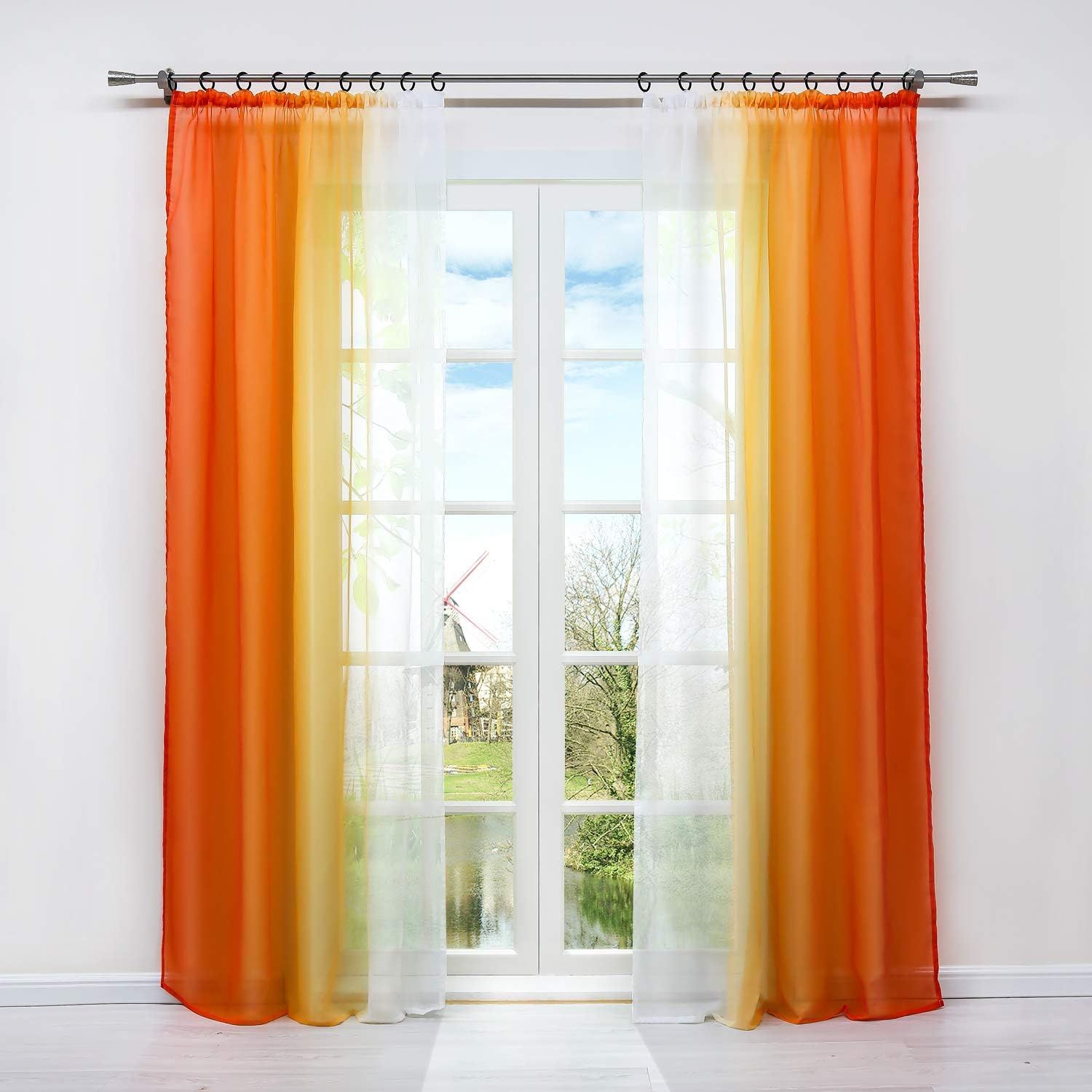 Lot De 2 Rideaux Voilages Dégradé Blanc Et Orange H/L 145/140cm À Galon Fronceur Polyester Transparent Installation Facile Décor De Grande Fenêtre Pour Chambre Balcon Cuisine