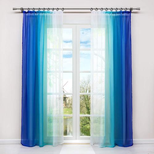 Lot De 2 Rideaux Voilages Dégradé Blanc Et Bleu H/L 245/140cm À Galon Fronceur Polyester Transparent Installation Facile Décor De Grande Fenêtre Pour Chambre Balcon Cuisine