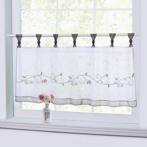 Brodé Café Rideau Fenêtre Rideau, Semi-Sheer Rideau Traitement De La Fenêtre Onglet Top Voile Rideau De Fenêtre Voile, Animal Demi Rideaux De Fenêtre Pour La Cuisine Salon, Gris, 60 X 145cm