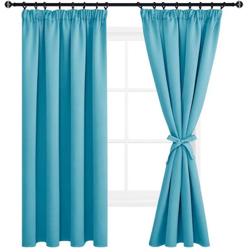 Lot De 2 Rideaux Opaques Avec Galon Fronceur - Avec ?illets - Isolation Thermique - Pour Chambre À Coucher, Salon, Turquoise - 200 X 140 Cm (Hauteur X Largeur)