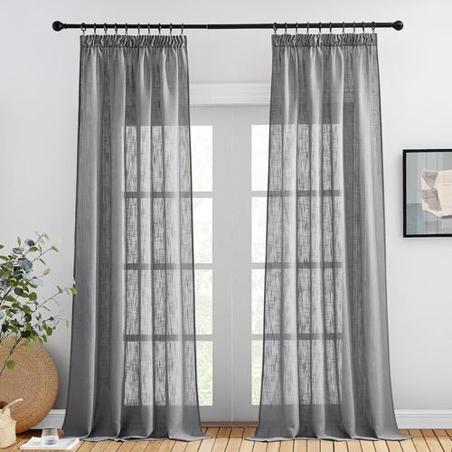 Décoration De Fenêtre Voilages - Rideaux Panneaux Voile En Lin Motif De Croix Draperies Souple Pour Fenêtre Salon & Hôtel, 140 Cm L Sur 245 H, Gris Foncé, Lot De 2