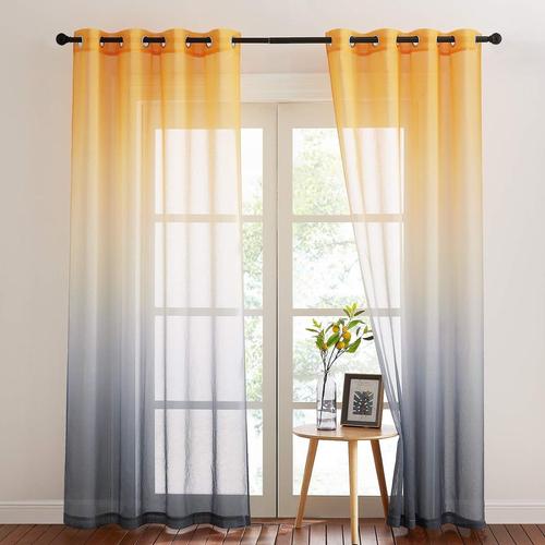 Voilages À Oeillets De Fenêtre - Rideau Dégradé En Voile Lin Panneaux Salon Belle Rendu Pour Décoration Maison Chambre, L 140 Cm Sur H 260 Cm, Jaune/Gris, 2 Pièces