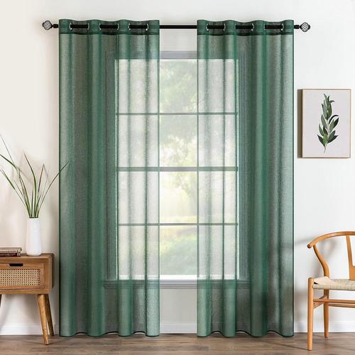 2 Panneaux Rideaux Voilages À Oeillets En Effet Lin Voilage Fenêtre Transparent Rideau Salon Moderne Voilage Petite Décor Cuisine Chambre Enfant Balcon 140x215 Cm Vert Foncé